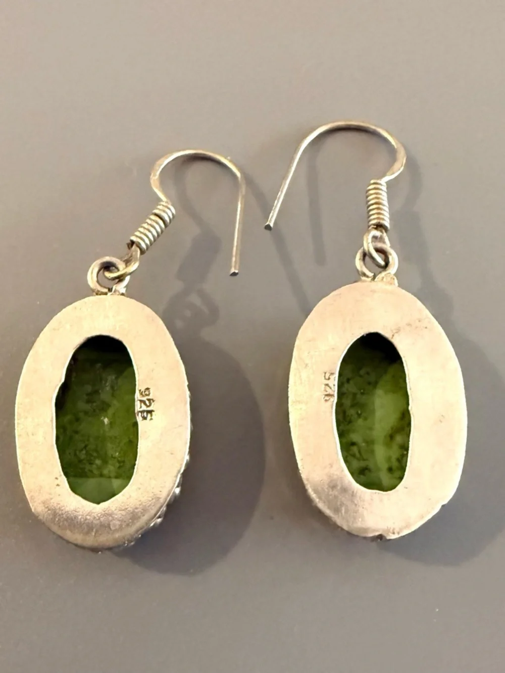 Vintage Southwestern Sterling Silver Green Gemstone Dangle Hook Earrings 925